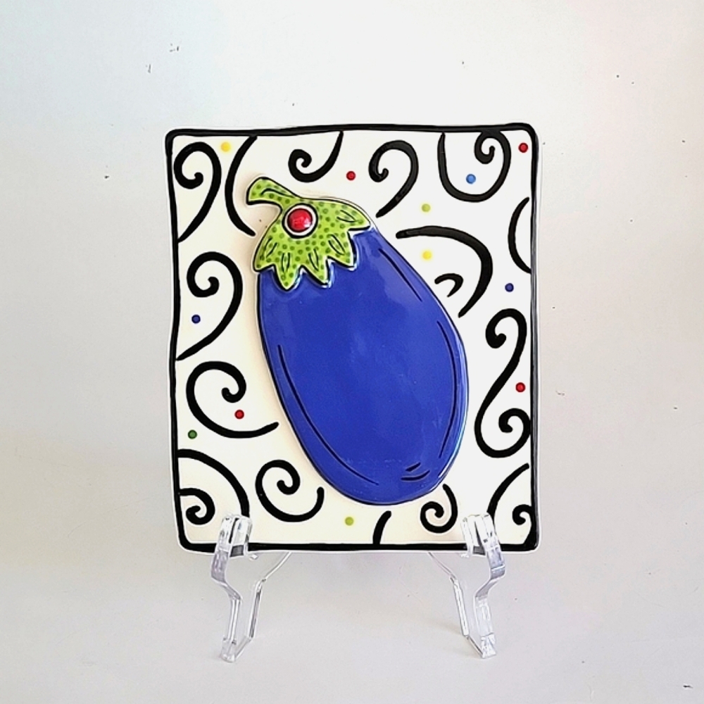 M. BAGWELL RARE HAND PAINTED CERAMIC 3D EGGPLANT WALL ART